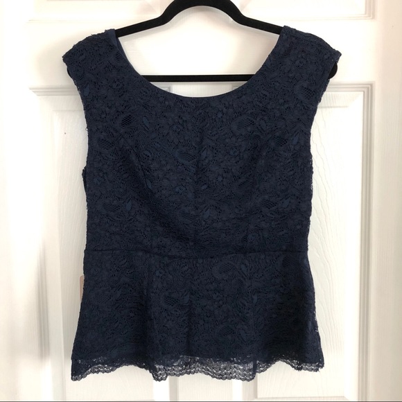 [ Sold ]  Navy Blue Lace Forever 21 Contemporary Blouse, L - Picture 1 of 4